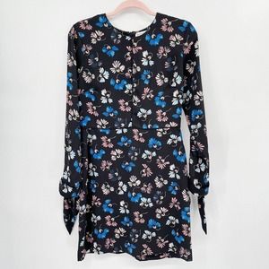 Asos Warehouse Floral Print Dress Black Size 6 Long Sleeve Tie Cuff Crewneck